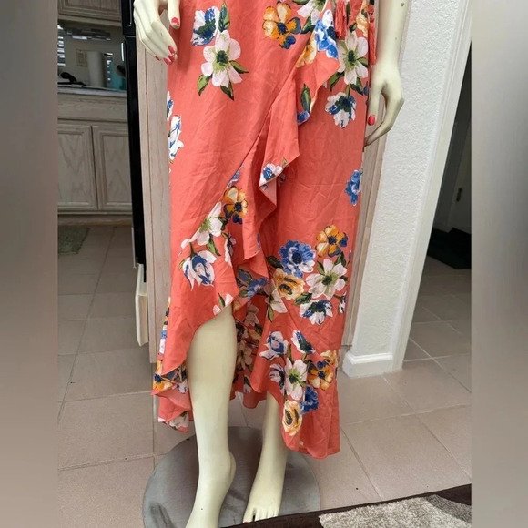 HINT OF BLUSH CORAL FLORAL PRINT OFF THE SHOULDER FAUX WRAP RUFFLE MAXI DRESS L - Picture 4 of 16